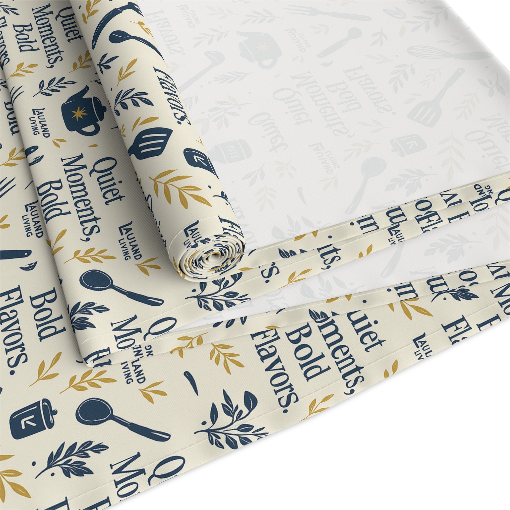 Kitchen Utensil Pattern Cotton-Poly Table Runner — "Great Meals Start With" Rustic Dining Decor