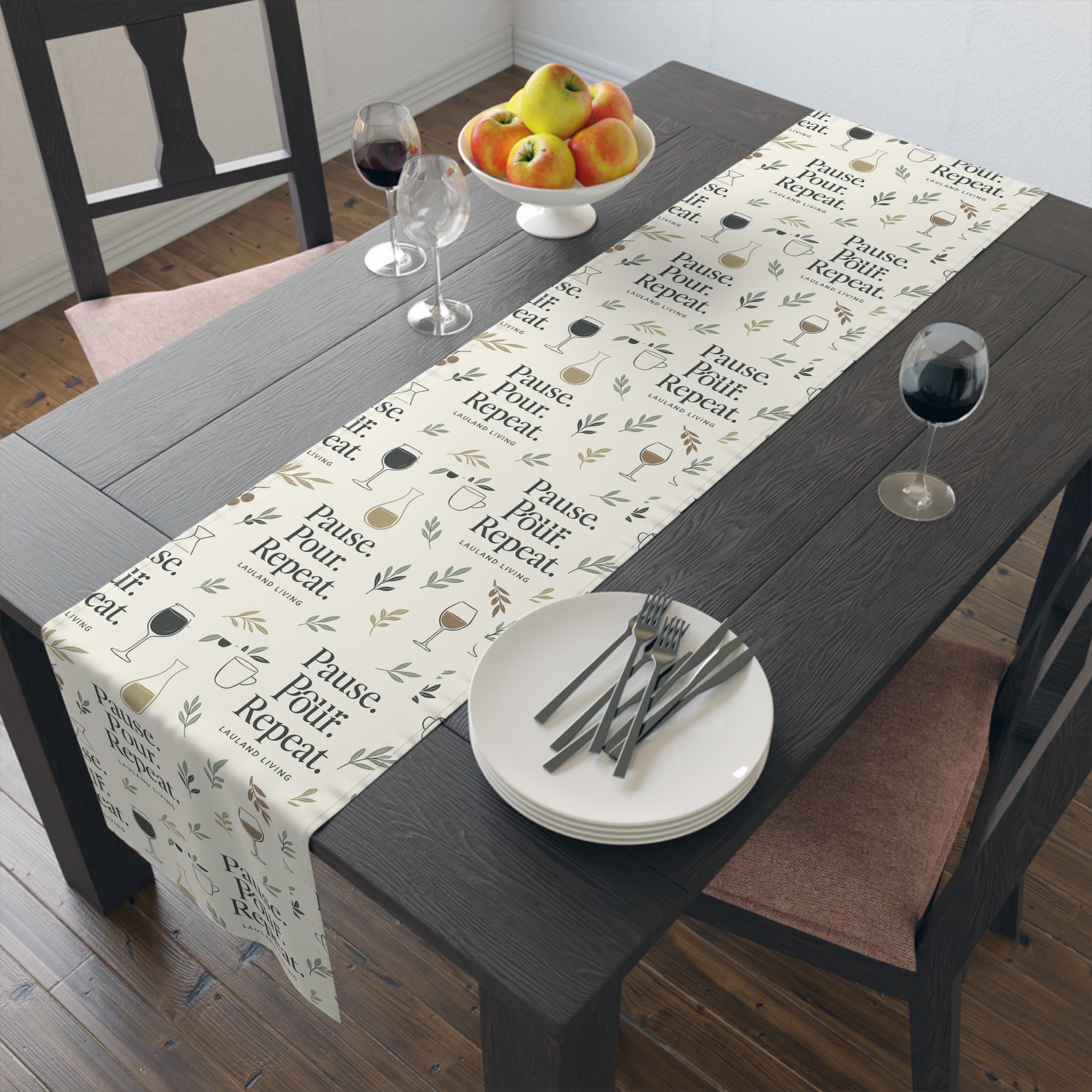 Pause Pour, Repeat Table Runner — French Wine Quote Cotton-Poly Table Runner
