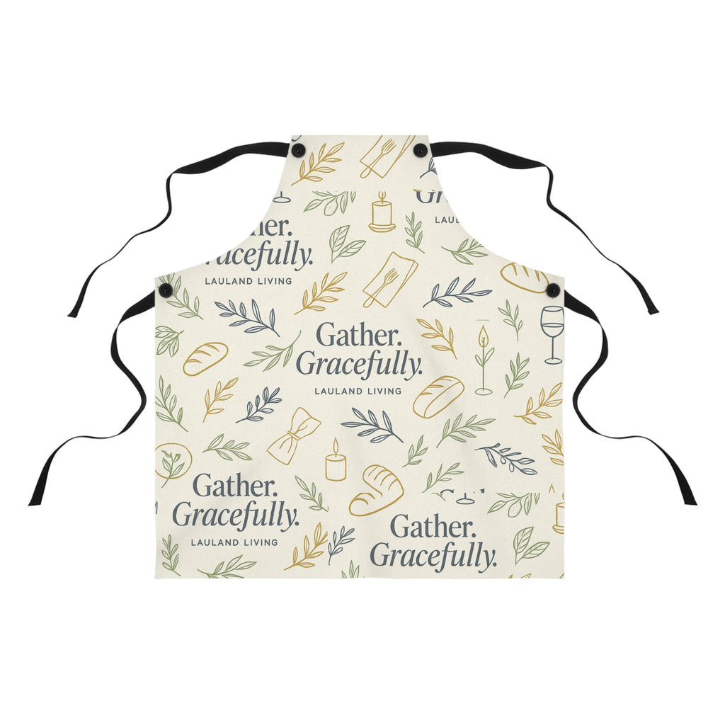 Gather. Gracefully. Apron – Minimalist Linen Cooking Apron with Hand-Drawn Hosting Pattern | Lauland Living Kitchen Textile
