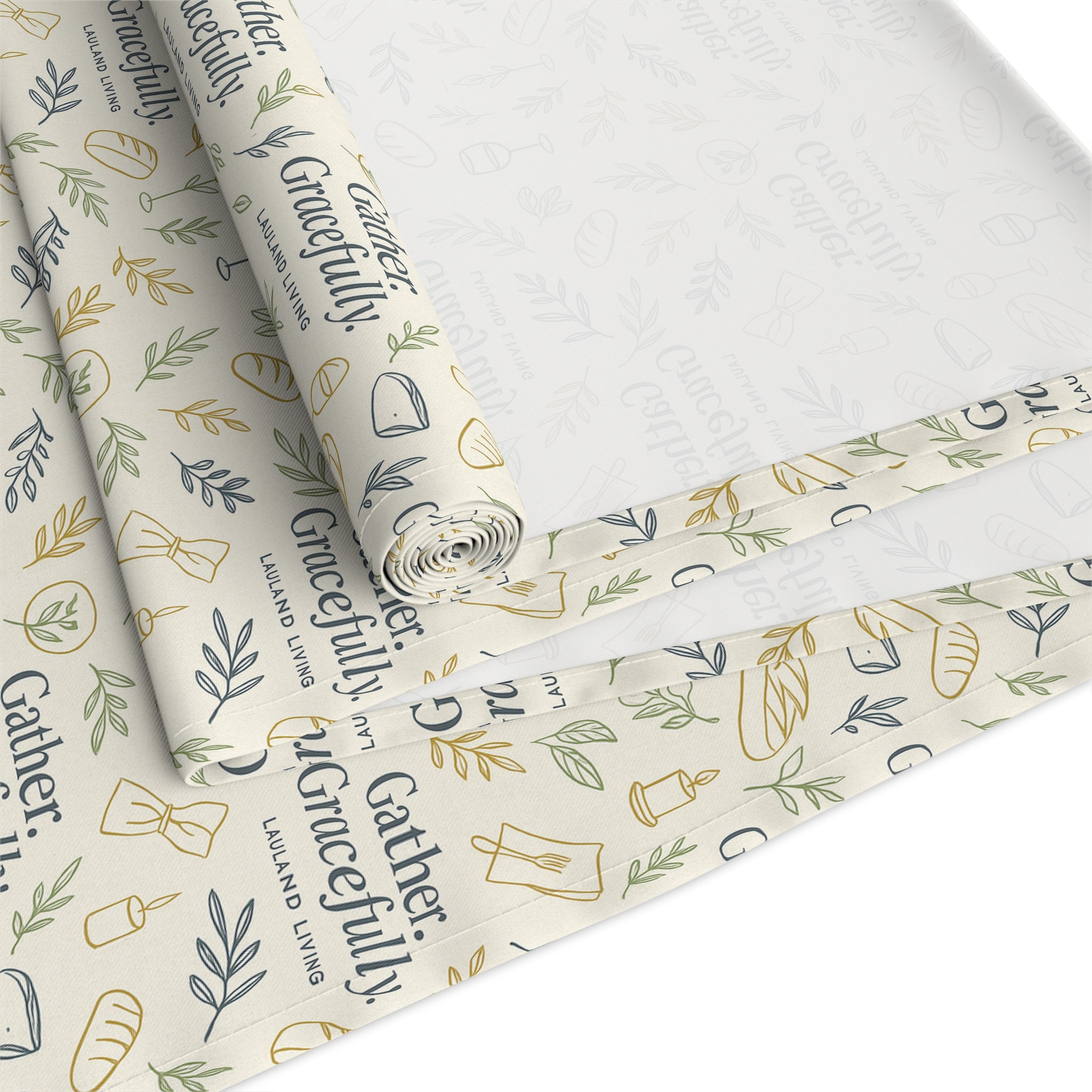 Botanical Script Table Runner — Neutral Leaf Pattern Cotton-Poly Dining Decor