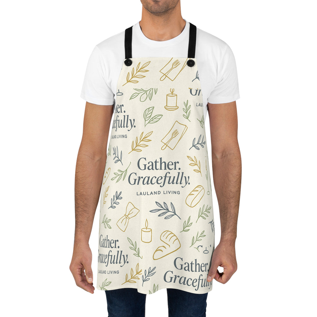 Gather. Gracefully. Apron – Minimalist Linen Cooking Apron with Hand-Drawn Hosting Pattern | Lauland Living Kitchen Textile