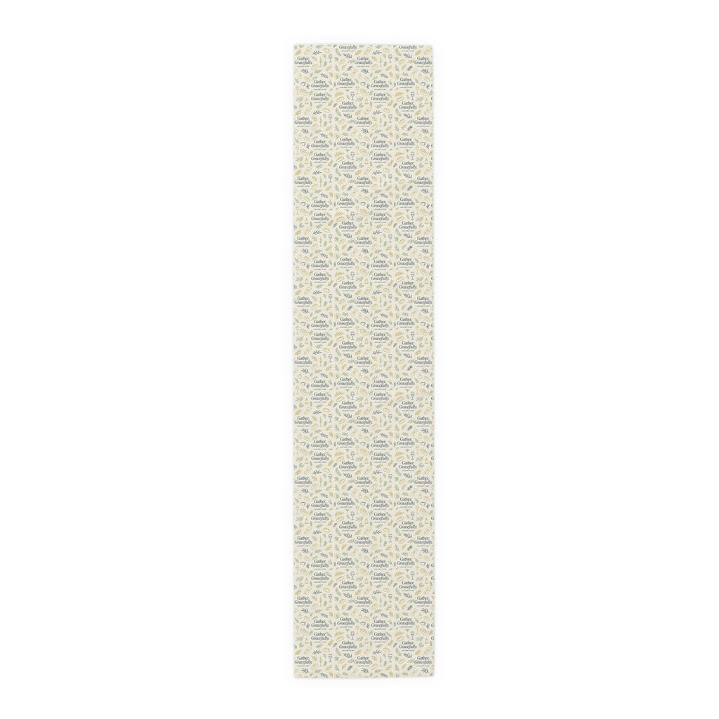 Botanical Script Table Runner — Neutral Leaf Pattern Cotton-Poly Dining Decor