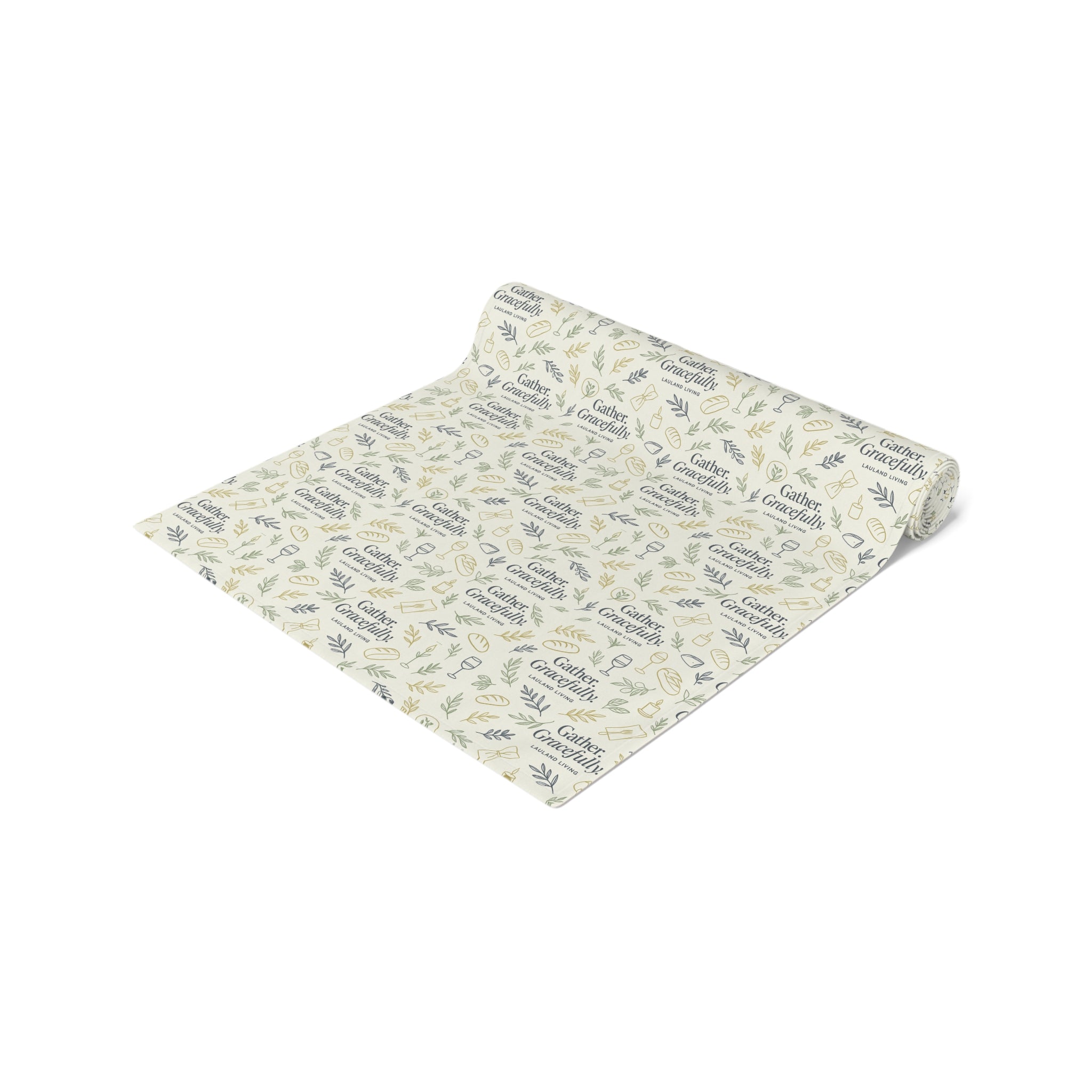 Botanical Script Table Runner — Neutral Leaf Pattern Cotton-Poly Dining Decor