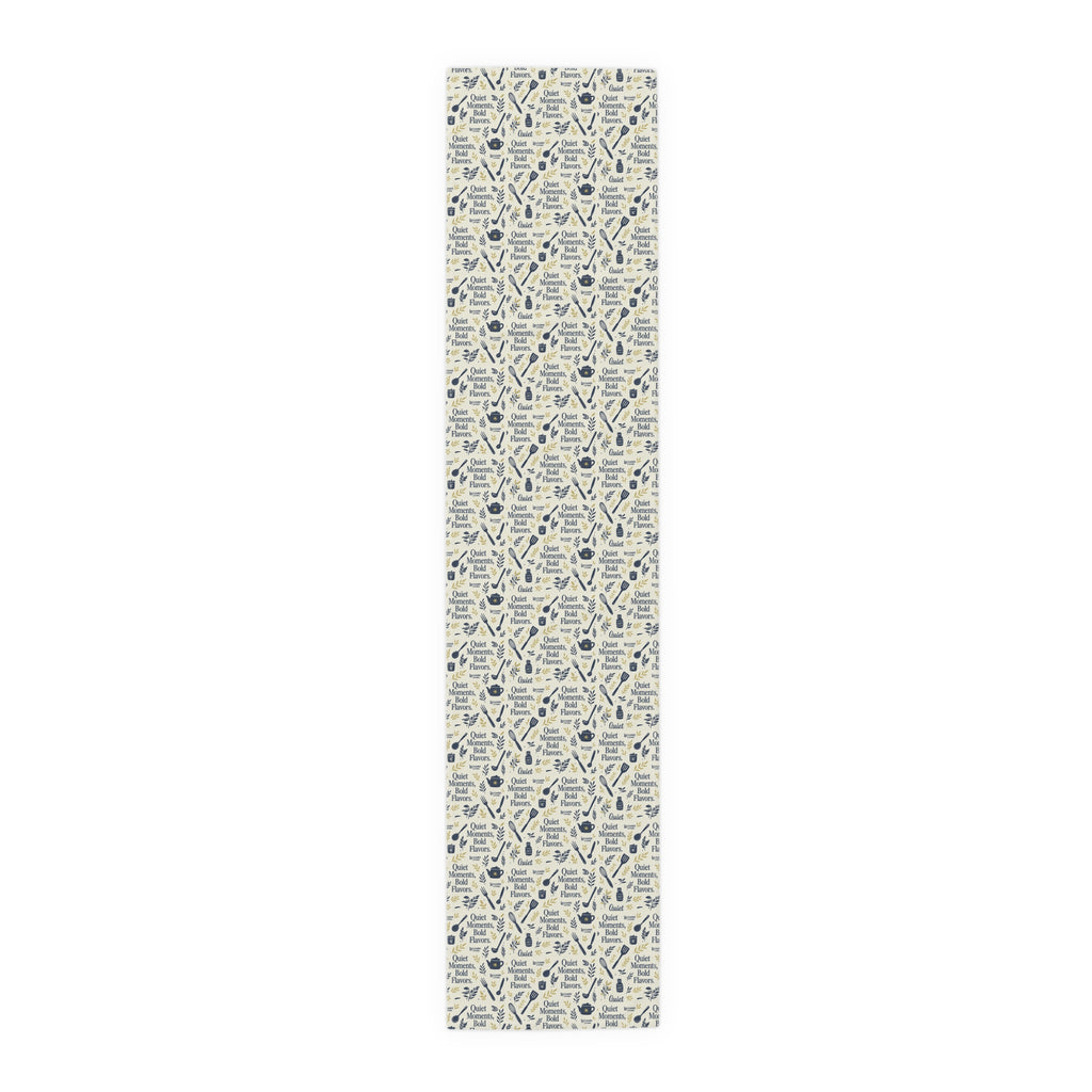 Kitchen Utensil Pattern Cotton-Poly Table Runner — "Great Meals Start With" Rustic Dining Decor