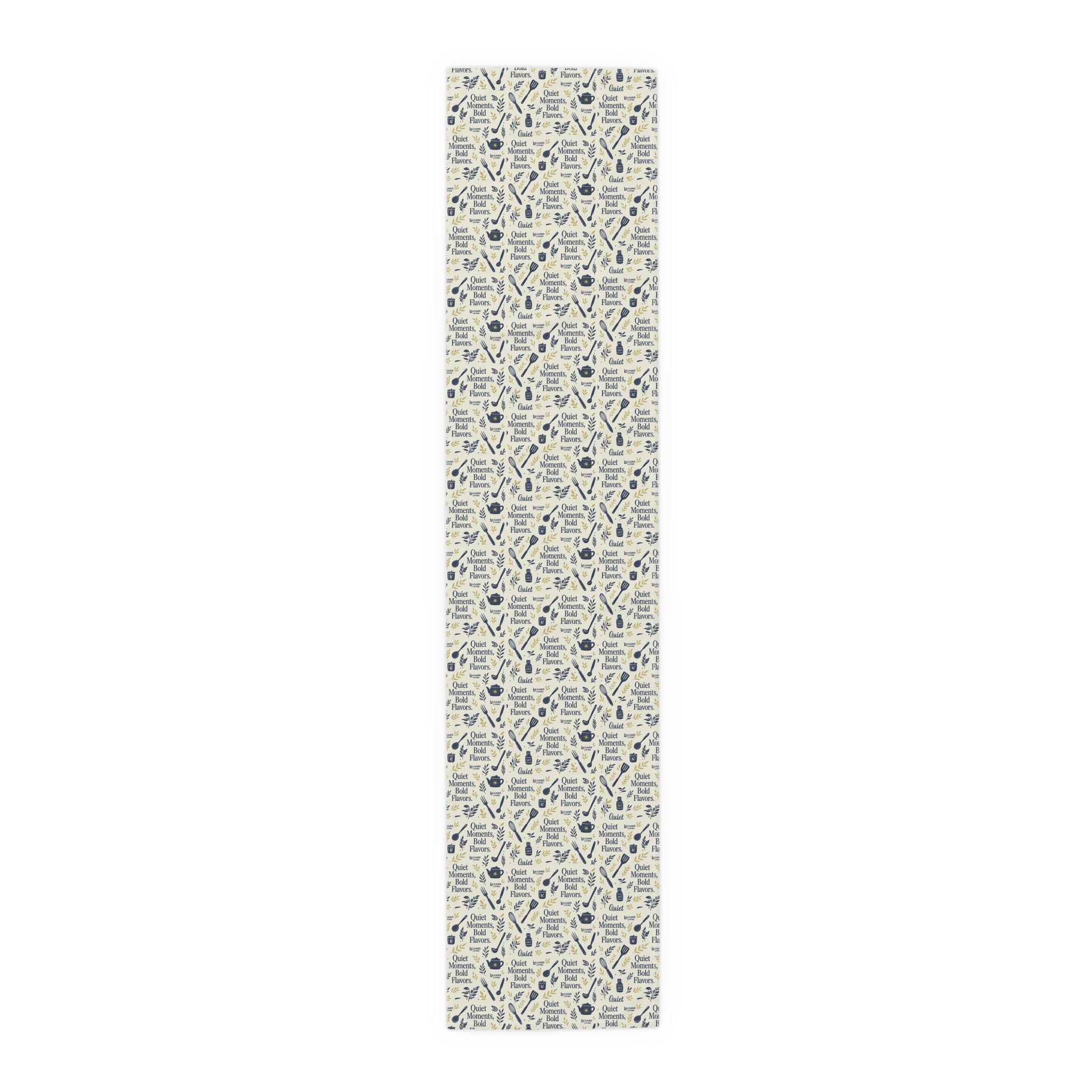 Kitchen Utensil Pattern Cotton-Poly Table Runner — "Great Meals Start With" Rustic Dining Decor