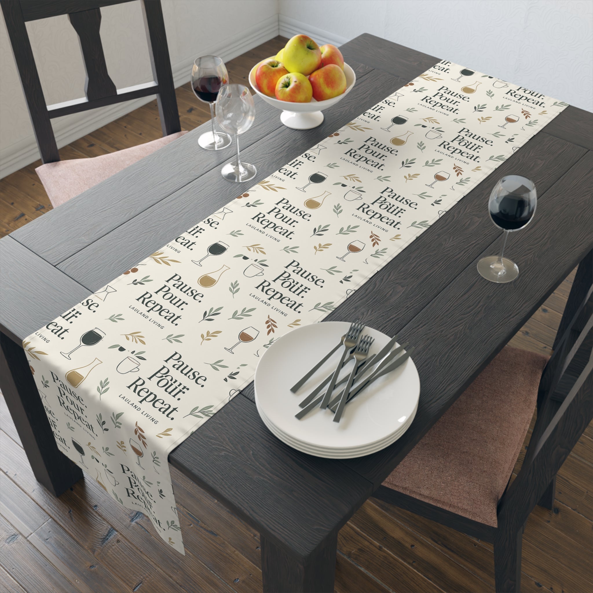 Pause Pour, Repeat Table Runner — French Wine Quote Cotton-Poly Table Runner