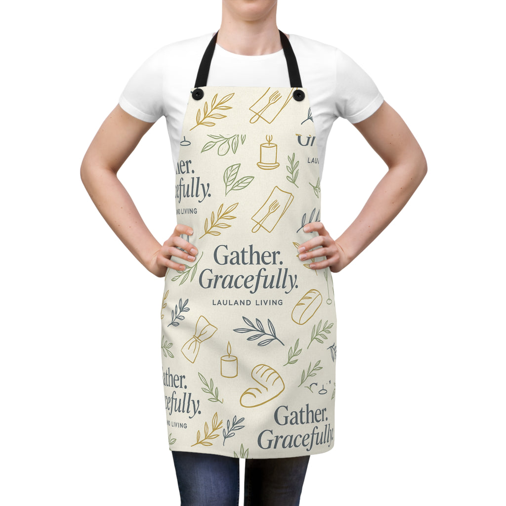 Gather. Gracefully. Apron – Minimalist Linen Cooking Apron with Hand-Drawn Hosting Pattern | Lauland Living Kitchen Textile