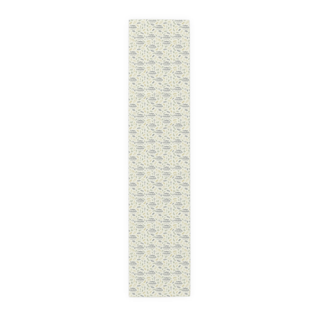 Botanical Script Table Runner — Neutral Leaf Pattern Cotton-Poly Dining Decor