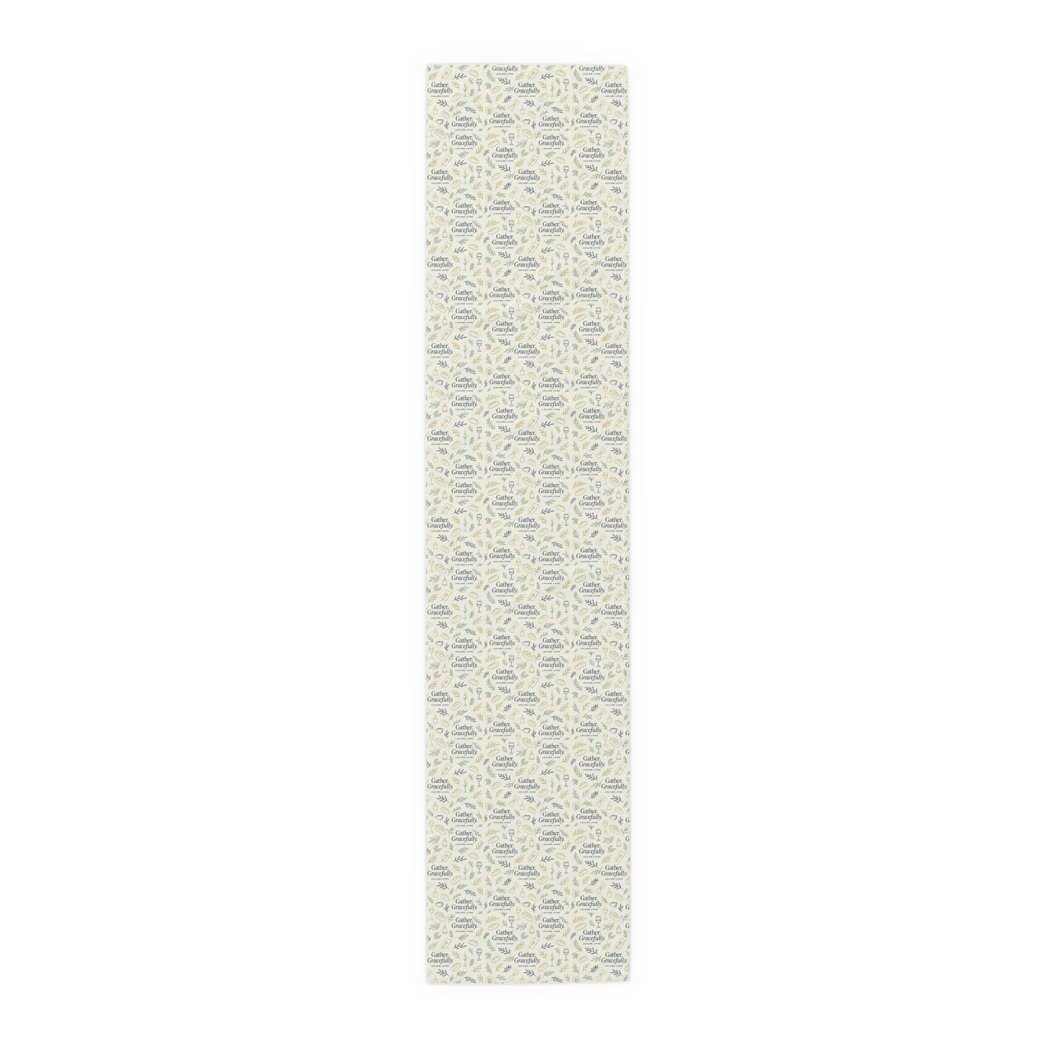 Botanical Script Table Runner — Neutral Leaf Pattern Cotton-Poly Dining Decor
