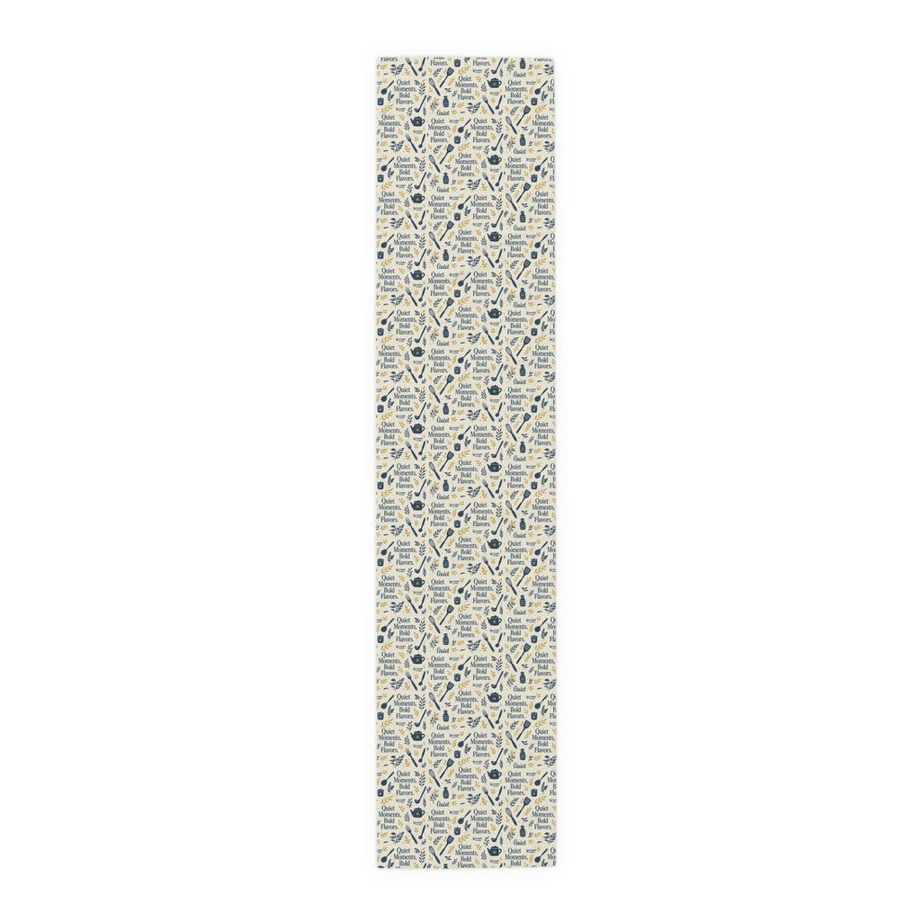 Kitchen Utensil Pattern Cotton-Poly Table Runner — "Great Meals Start With" Rustic Dining Decor