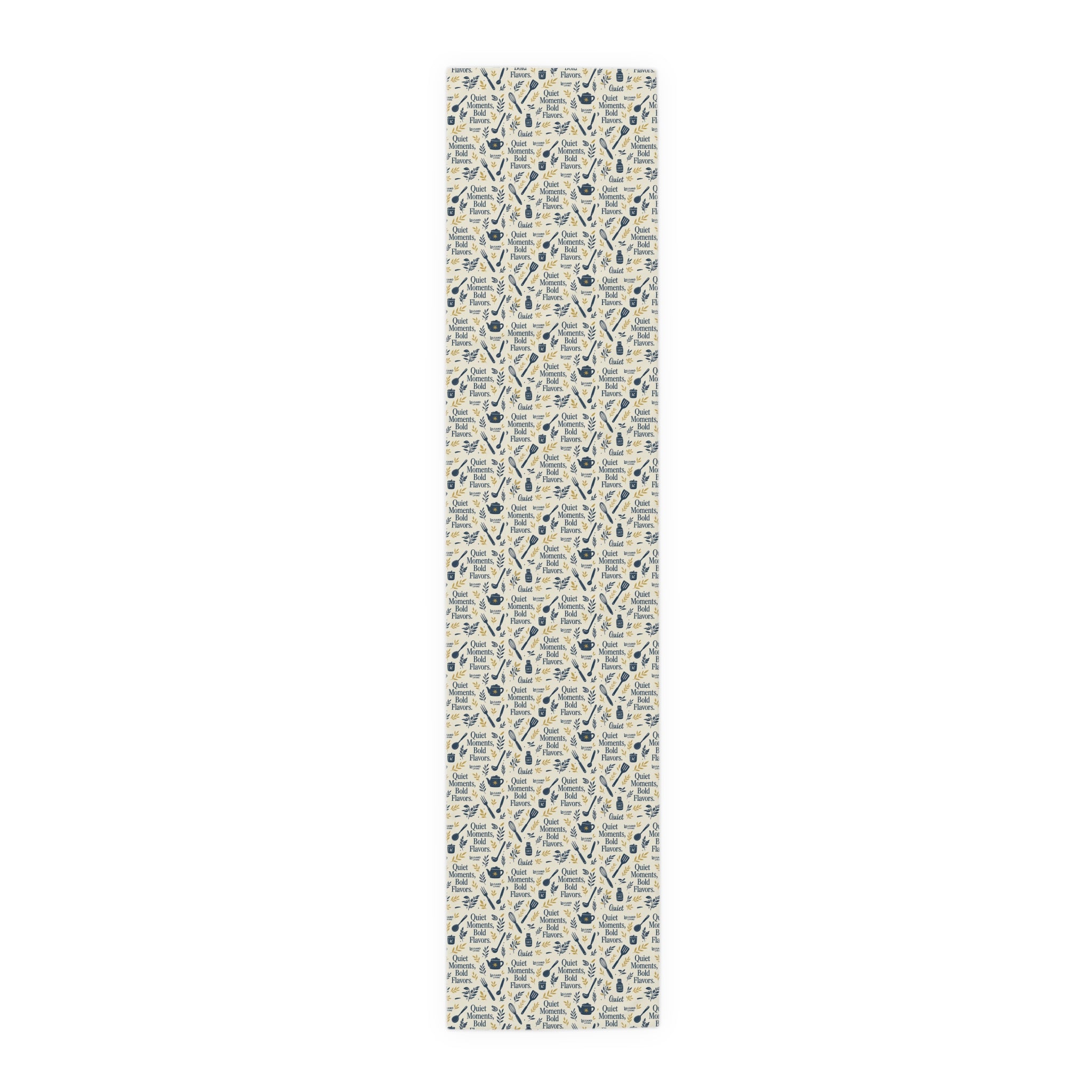 Kitchen Utensil Pattern Cotton-Poly Table Runner — "Great Meals Start With" Rustic Dining Decor